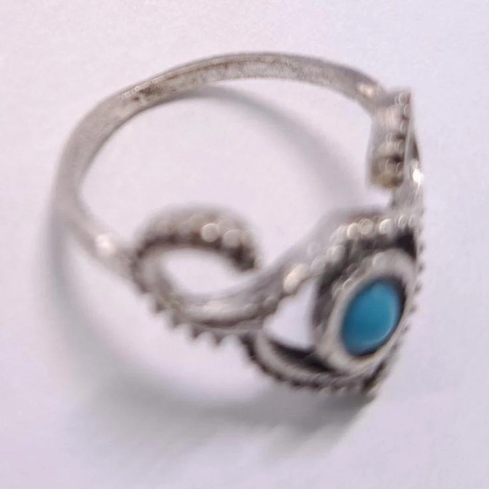 Silver Tone Ring Size 6 Faux Turquoise Cabochon Stone Moons Antlers